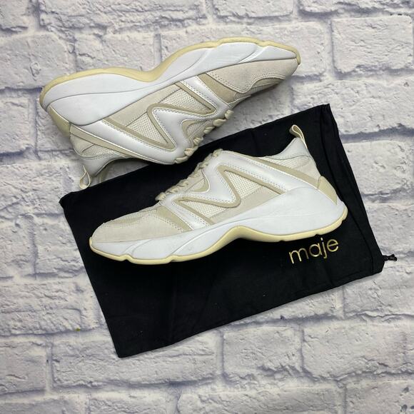 NEW Maje W22 Mesh Suede and Leather Sneakers in Off-White
